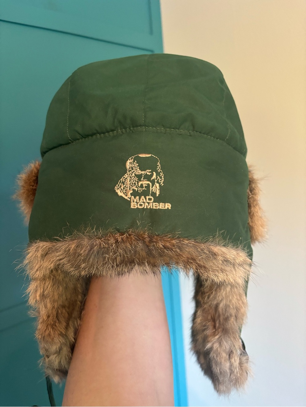 Mad Bomber Fur Trapper Hat Dark Green with Orange Lined Interior Size L